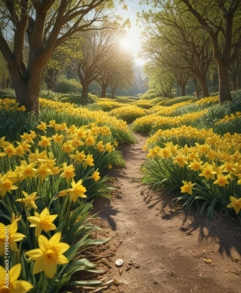 Fototapeta A carpet of cheerful yellow daffodils blankets the verdant landscape, bathed in sunlight , spring scene, landscape, carpet
