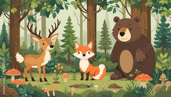 Fototapeta "A vector illustration of forest wildlife: a friendly deer, fox, and bear among pine trees, mushrooms, and bushes. Flat design style with earthy natural colors (greens, browns). 