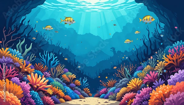 Fototapeta "A vector illustration of an underwater coral reef scene with colorful corals, tropical fish, and seaweed. Flat design style with vibrant underwater hues (blues, greens, corals). 