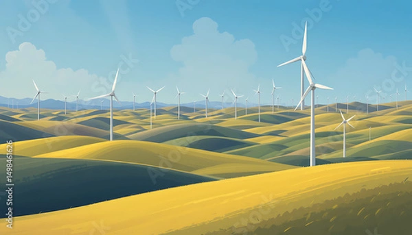 Fototapeta A vector illustration of a wind farm on rolling hills under a clear blue sky. Multiple white wind turbines with turning blades spread across green fields.