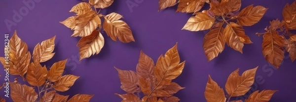 Fototapeta Dried orange metallic leaves, violet backdrop  Intricate autumnal design , nature, metallic texture