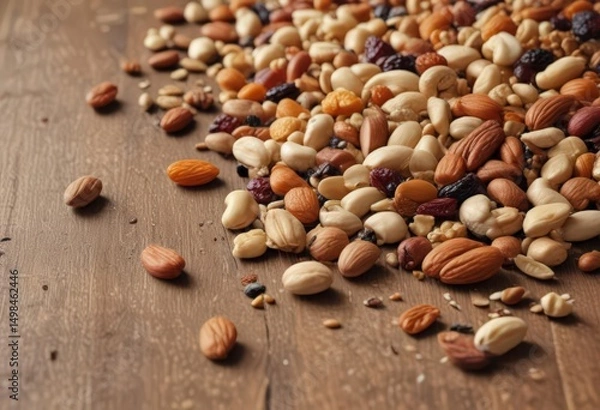 Fototapeta Close-up of assorted nuts, seeds, and dried fruits scattered on a wooden surface ,  food photography,  natural