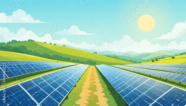 Fototapeta A vector illustration of a solar farm with rows of solar panels in a sunny landscape. Flat design style with green hills and a bright sun in the sky.