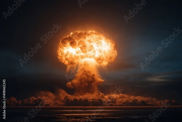 Fototapeta Nuclear explosion mushroom cloud at night