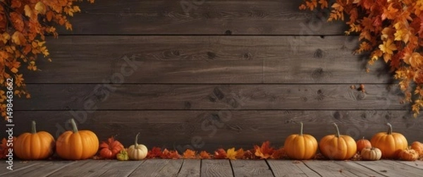 Fototapeta Vibrant fall leaves, pumpkins, and gourds on rustic wood , image, maple
