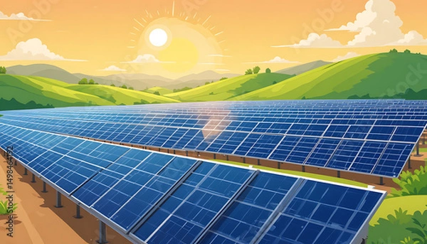 Fototapeta A vector illustration of a solar farm with rows of solar panels in a sunny landscape. Flat design style with green hills and a bright sun in the sky.