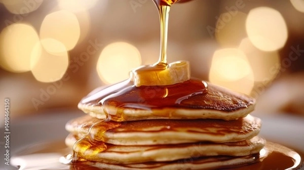 Obraz slow-motion pour of maple syrup over pancake stack with golden flow