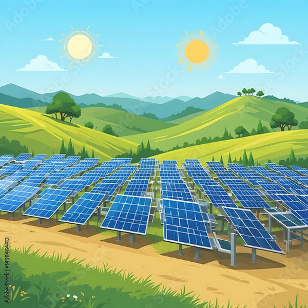 Fototapeta A vector illustration of a solar farm with rows of solar panels in a sunny landscape. Flat design style with green hills and a bright sun in the sky.