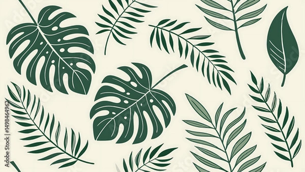 Fototapeta A vector seamless pattern featuring various green leaves and botanical elements. Flat design style with multiple types of tropical and garden leaves (monstera, palm, etc.)