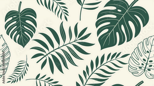 Obraz A vector seamless pattern featuring various green leaves and botanical elements. Flat design style with multiple types of tropical and garden leaves (monstera, palm, etc.)