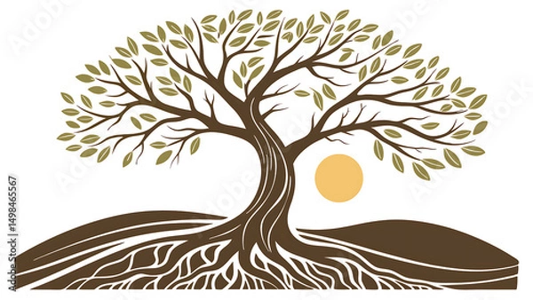 Fototapeta A vector illustration of the Tree of Life: a stylized tree with sprawling branches above and large roots below, symbolizing growth and connection. Flat design with earthy colors (browns and greens).