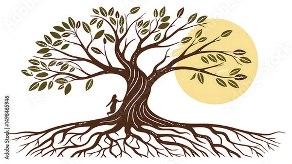 Fototapeta A vector illustration of the Tree of Life: a stylized tree with sprawling branches above and large roots below, symbolizing growth and connection. Flat design with earthy colors (browns and greens).