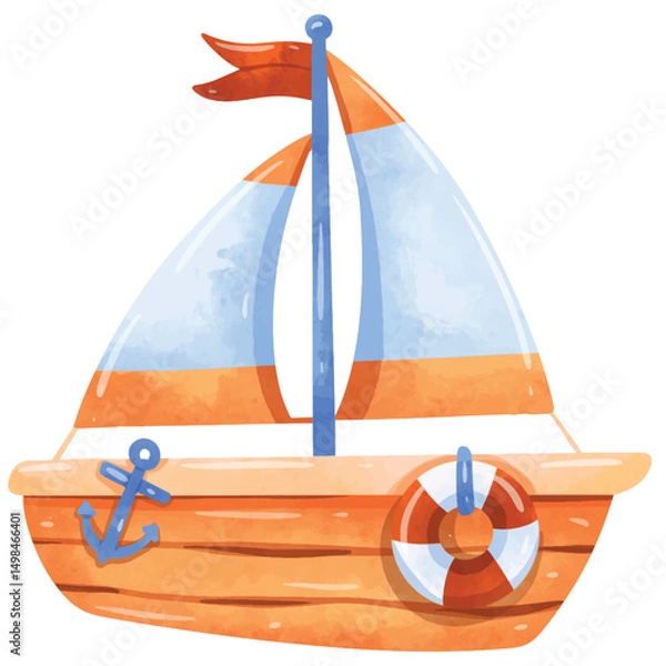 Obraz Cute sailboat vector illustration, sailboat clip art, clip art sailboat, watercolor painting style, isolated on white background