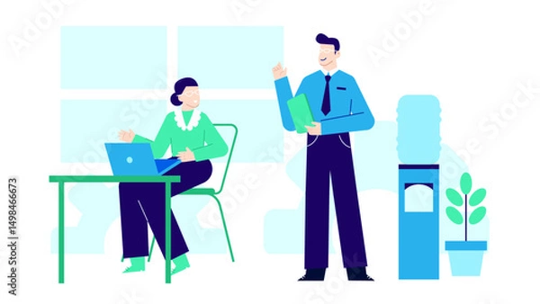Obraz Two office workers_Chat near a water cooler; great for illustrating workplace dynamics, office communication, break time conversations in business environment.