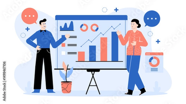 Obraz Two people analyzing data on charts and graphs. Perfect for business presentations, financial reports, strategies discussions, and teamwork concepts.