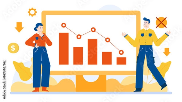 Obraz Two people analyzing a bar chart with a downward trend, ideal for illustrating financial or business decline in presentations or reports.