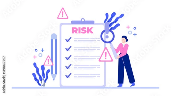 Obraz Woman examining risk assessment checklist with magnifying glass. Suitable for insurance, audit, business, risk management concepts, and financial analysis materials.