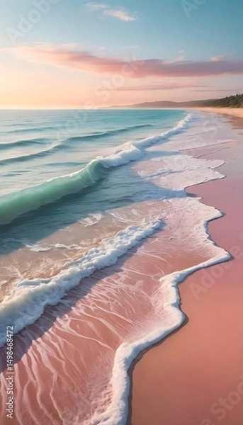 Fototapeta Pastel Beachscape with Gentle Waves and Tranquil Sunset Reflections