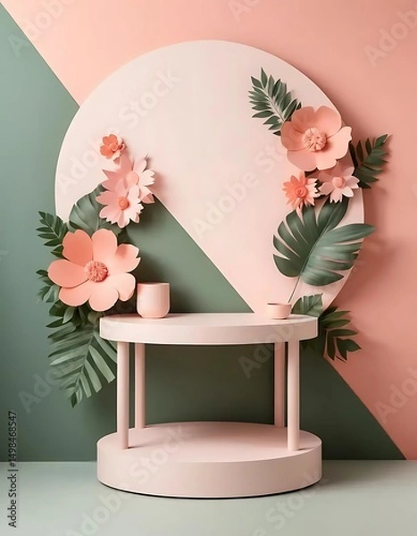 Fototapeta Pastel floral arrangement on display table against geometric backdrop