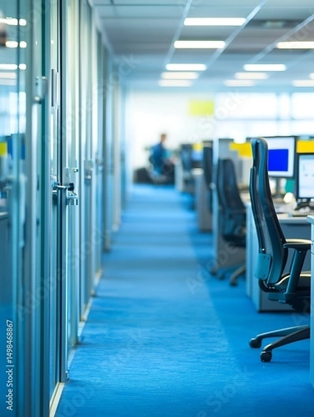 Fototapeta Sleek office hallway with blue carpet and glass walled offices, modern feel