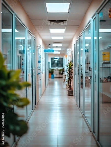Fototapeta Streamlined interior corridor with bright lighting and glass-partitioned rooms