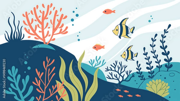 Fototapeta "A vector illustration of an underwater coral reef scene with colorful corals, tropical fish, and seaweed. Flat design style with vibrant underwater hues (blues, greens, corals). 