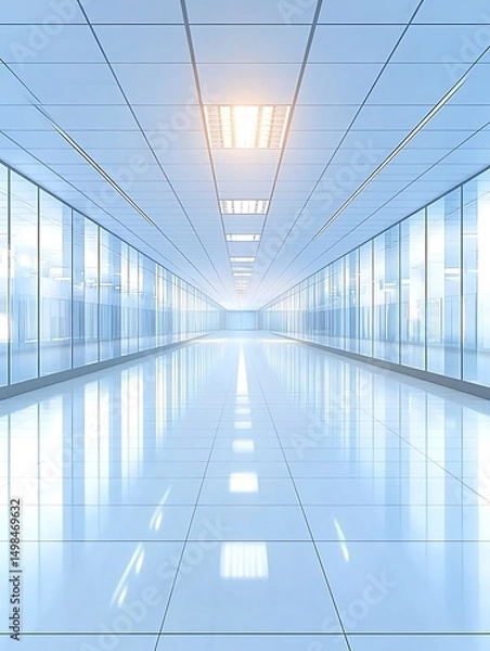 Fototapeta Symmetrical Perspective of Modern Office Hallway with Glass Partitioning