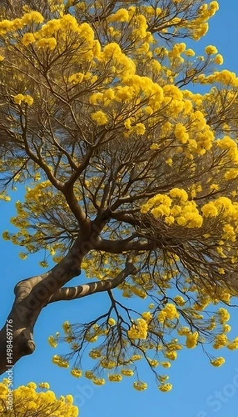 Fototapeta Vibrant canopy golden trumpet tree against a clear azure backdrop