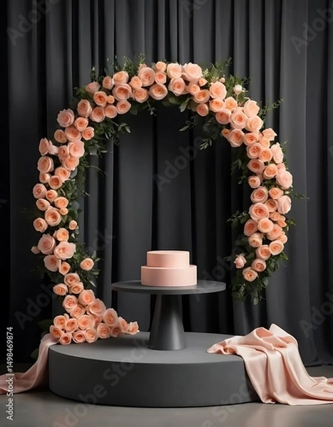 Fototapeta Wedding cake display with floral arch and elegant drapery backdrop