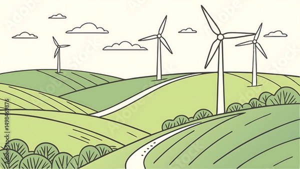 Fototapeta A vector illustration of a wind farm on rolling hills under a clear blue sky. Multiple white wind turbines with turning blades spread across green fields.