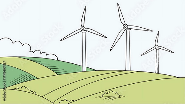 Fototapeta A vector illustration of a wind farm on rolling hills under a clear blue sky. Multiple white wind turbines with turning blades spread across green fields.