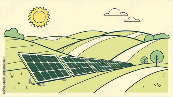 Fototapeta A vector illustration of a solar farm with rows of solar panels in a sunny landscape. Flat design style with green hills and a bright sun in the sky.