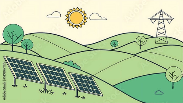 Fototapeta A vector illustration of a solar farm with rows of solar panels in a sunny landscape. Flat design style with green hills and a bright sun in the sky.