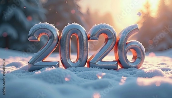 Fototapeta Elegant Happy New Year 2026 Text in Silver with a Frosty Winter Wonderland Setting