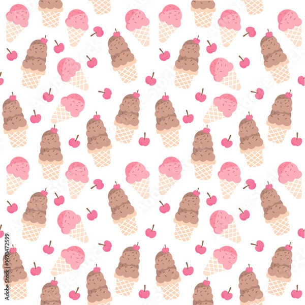 Obraz Chocolate and Strawberry Ice Cream Seamless Pattern with Cherries – Cute Summer Dessert Vector Background