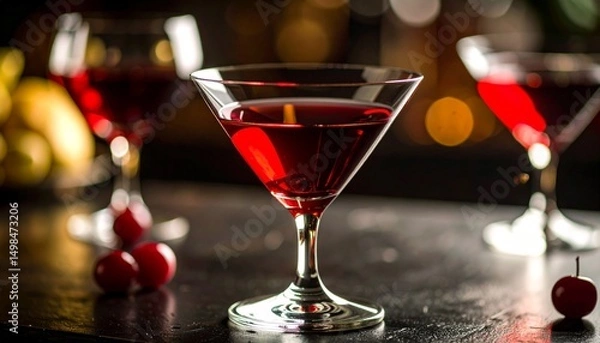 Fototapeta A rich close-up of a classic Manhattan cocktail in a crystal glass, captured with cinematic flair and dramatic lighting that highlights its deep amber tones, cherry garnish, and timeless elegance