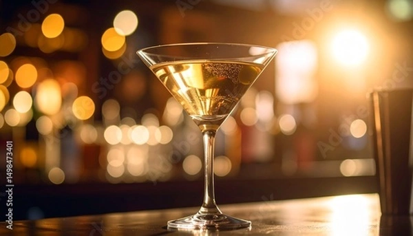 Fototapeta A sleek close-up of a classic Martini cocktail in a chilled glass, captured with cinematic precision and dramatic lighting that highlights its crystal clarity, olive garnish, and timeless cocktail