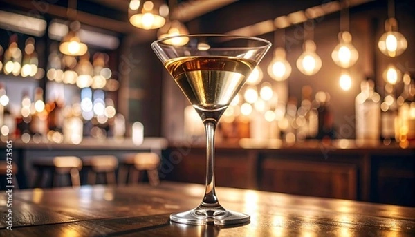 Fototapeta A sleek close-up of a classic Martini cocktail in a chilled glass, captured with cinematic precision and dramatic lighting that highlights its crystal clarity, olive garnish, and timeless cocktail