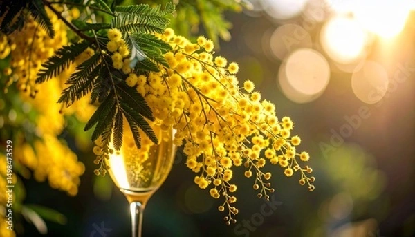 Fototapeta A stunning close-up of a classic Mimosa cocktail in a sparkling glass, captured with cinematic composition and dramatic lighting that highlights its golden hue, bubbles, and vibrant citrus freshness