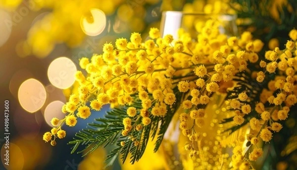 Fototapeta A stunning close-up of a classic Mimosa cocktail in a sparkling glass, captured with cinematic composition and dramatic lighting that highlights its golden hue, bubbles, and vibrant citrus freshness