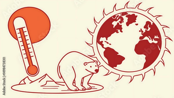 Fototapeta "A vector illustration illustrating climate change: melting ice and a rising sun over Earth. For example, a polar bear on a small melting ice floe or a thermometer icon overlay on the globe. 