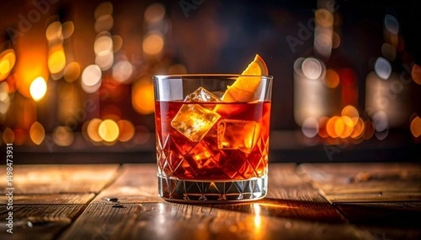 Fototapeta A stunning close-up of a classic Negroni cocktail in a crystal-clear glass, captured with cinematic flair and dramatic lighting that highlights the rich amber hues and elegant orange peel garnish