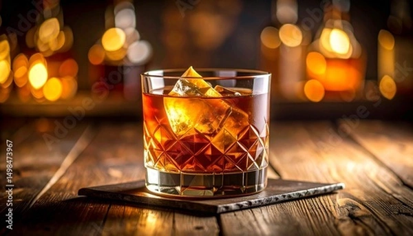 Fototapeta A captivating close-up of a classic Old Fashioned cocktail in a crystal glass, featuring cinematic composition and dramatic lighting that highlights the rich amber hues and orange twist garnish.