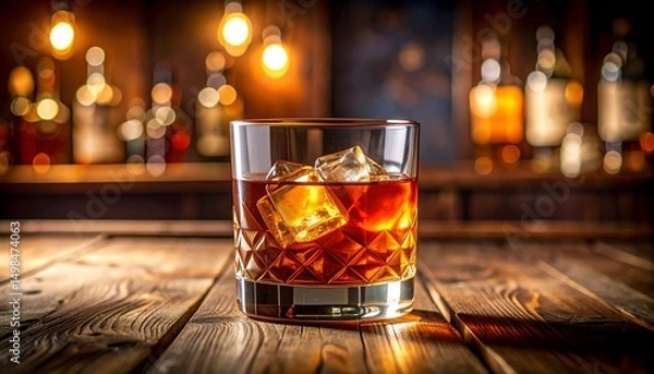 Fototapeta A captivating close-up of a classic Old Fashioned cocktail in a crystal glass, featuring cinematic composition and dramatic lighting that highlights the rich amber hues and orange twist garnish.