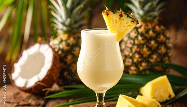 Fototapeta A Close-Up Cinematic Shot of a Chilled Piña Colada Cocktail in a Glass with Dramatic Lighting, Showcasing Its Creamy Texture, Tropical Garnishes, and Refreshing Vibe in a Stylish, Exotic Setting