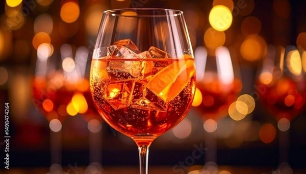 Fototapeta A Close-Up Cinematic Shot of a Sparkling Spritz Cocktail in a Glass with Dramatic Lighting, Highlighting Its Vibrant Orange Hue, Bubbles, and Citrus Garnish in a Stylish, Refreshing Summer Setting