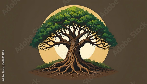 Fototapeta A vector illustration of the Tree of Life: a stylized tree with sprawling branches above and large roots below, symbolizing growth and connection. Flat design with earthy colors (browns and greens).