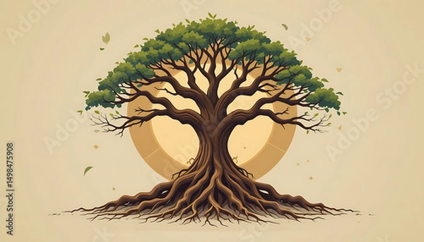 Fototapeta A vector illustration of the Tree of Life: a stylized tree with sprawling branches above and large roots below, symbolizing growth and connection. Flat design with earthy colors (browns and greens).