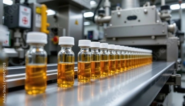 Fototapeta Manufacturing process of pharmaceutical vials in a modern lab product showcase industrial environment close-up view