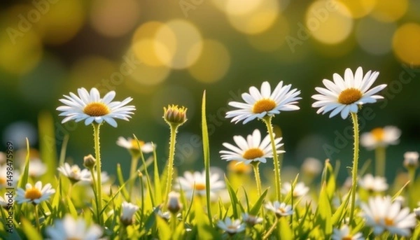 Fototapeta Blooming daisies in a sunlit meadow nature photography vibrant environment close-up view
